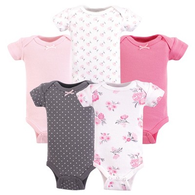 Hudson Baby Infant Girl Cotton Preemie Bodysuits 5pk, Basic Pink Floral, Preemie