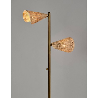 Antique Brass and Natural Rattan Adjustable Dual-Light Floor Lamp