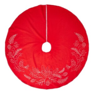 tagltd Red Partridge Bird Sprig Embroidered Christmas Tree Skirt Cotton, 52 inch - 1 of 2