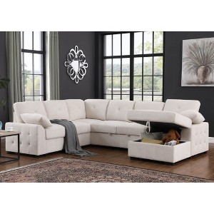 L-Shaped Sectional Sofas with Pull-Out Loveseat Sleeper, Storage Chaise, and Toss Pillows, Available in Dark Gray, Light Gray, or Beige - 1 of 4