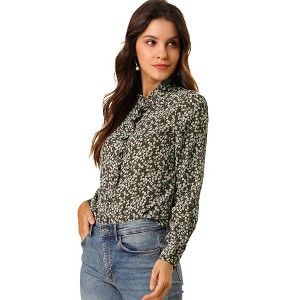 Allegra K Women's Floral Button Up Ruffle Stand Collar Long Sleeve Shirt - 1 of 4