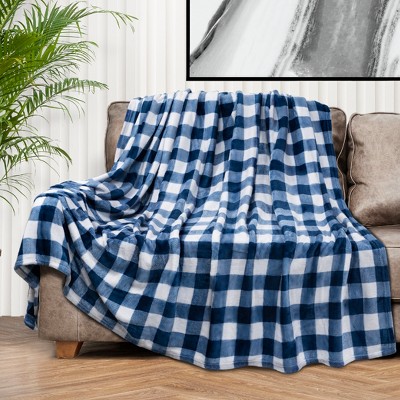 Twin Navy and White Checkered Fleece Throw Blanket