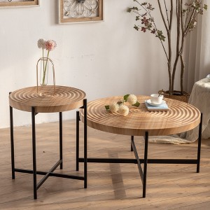Modern Thread Design Round Coffee Table , MDF Table Top with Cross Legs Metal Base(Set of 2 pcs ) - 1 of 4