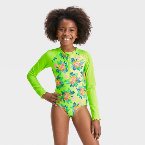 Girls' Aloha Floral One Piece Rash Guard Swimsuit - Cat u0026 Jack™ Lime Green  : Target