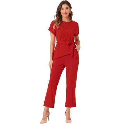 INSPIRE CHIC Women's Round Neck Short Sleeve Belted Asymmetry Tops and Elastic Waist Trousers 2 Piece Sets