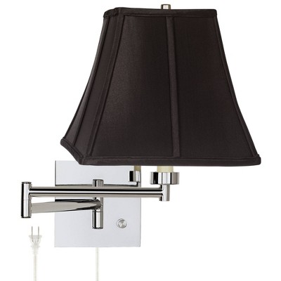 Possini Euro Design Modern Swing Arm Wall Lamp Chrome Plug-In Light Fixture Black Square Shade Bedroom Bedside Living Room Reading