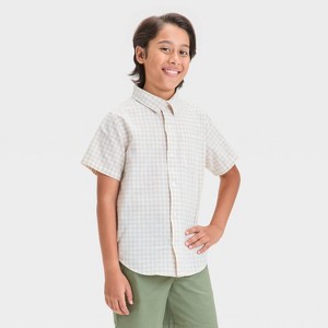 Boys' Short Sleeve Gingham Poplin Button-Down Shirt - Cat & Jack™ Beige - 1 of 3