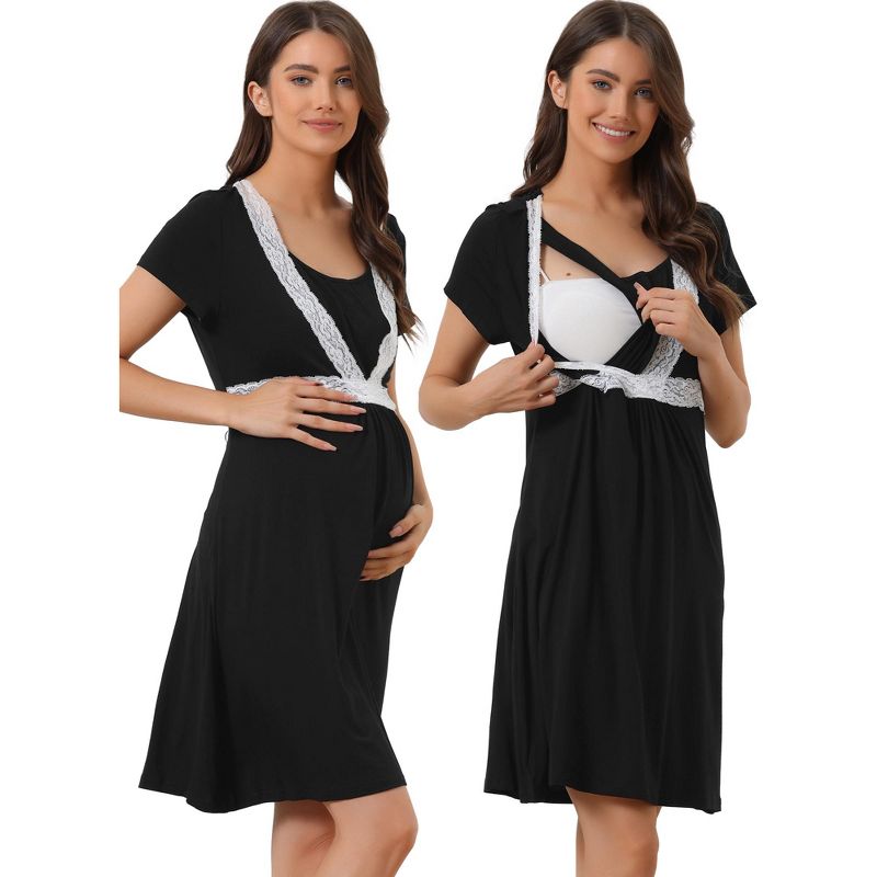 cheibear Women's Lace Short Sleeve Soft Nightgown Maternity Knee Length Sleep Nightshirt, 1 of 6