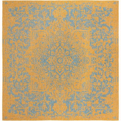 Yellow and Aqua Square Medallion Outdoor Rug