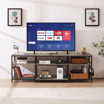 VECELO TV Stand with Power Outlets, Industrial Entertainment Center with 3-Tier Open Storage Shelves, 63 Inch