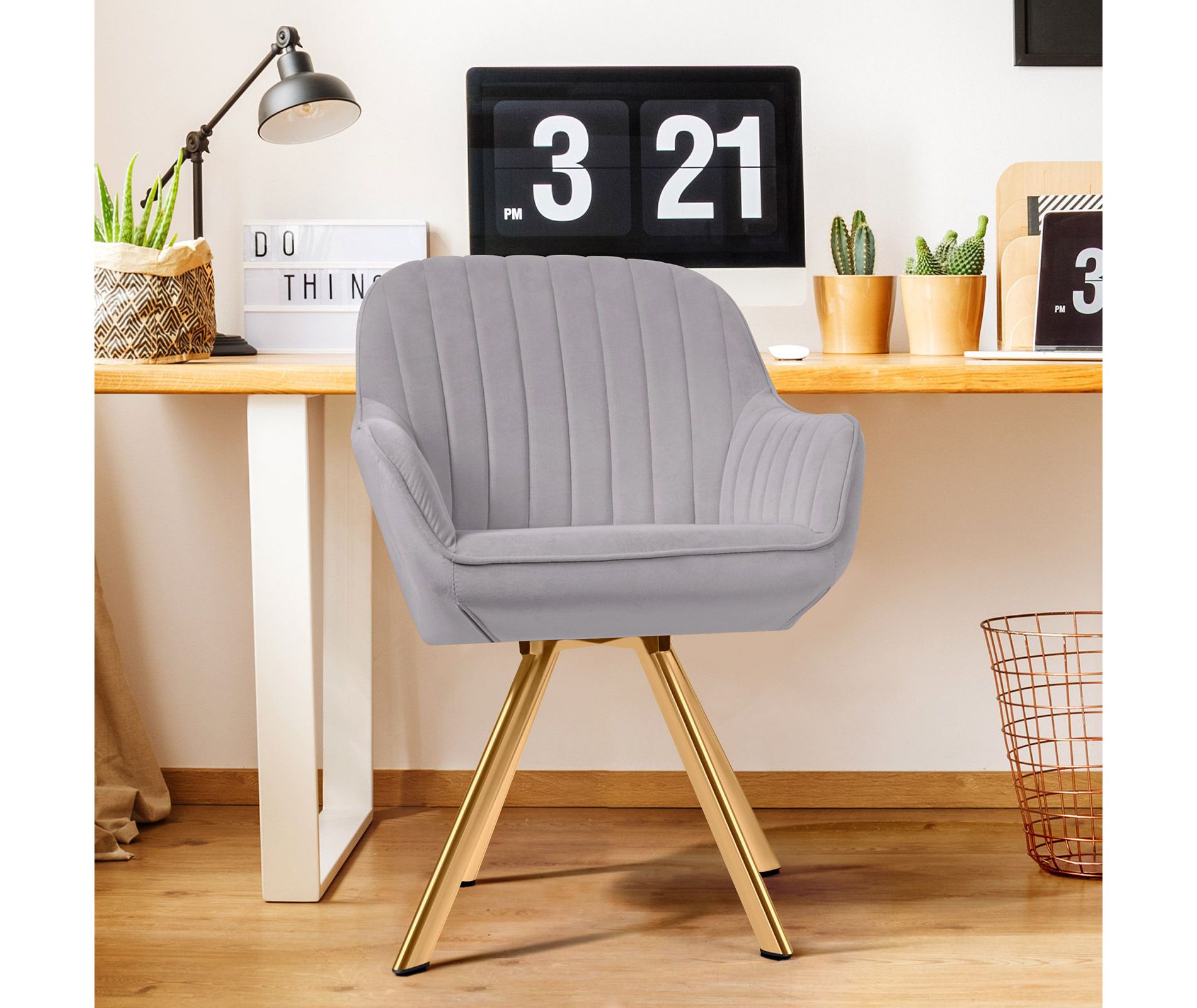 Hyleory Modern Light Grey Brushed Velvet Swivel Accent Armchair with Metal Legs for Living