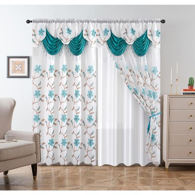 Home Mart Goods Turquoise Luxury Floral Embroidery Rod Pocket Window Panel Attached Valance Satin Backing 2 Tie Backs Curtain Set (2 Panels)