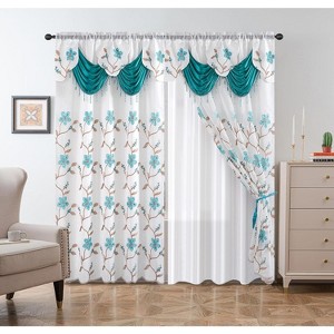 Home Mart Goods Turquoise Luxury Floral Embroidery Rod Pocket Window Panel Attached Valance Satin Backing 2 Tie Backs Curtain Set (2 Panels) - 1 of 4