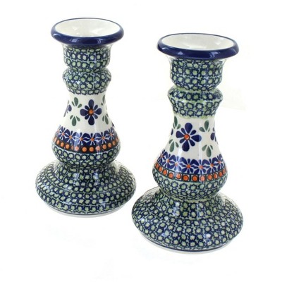 Blue Rose Polish Pottery Mosaic Flower Candlestick Pair