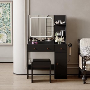 Vanity Desk with Mirror and Lights,with Storage Drawers Shelves Cabinet& Chair,3 Lighting Modes & Adjustable Brightness, Dressing Table for Bedroom - 1 of 4