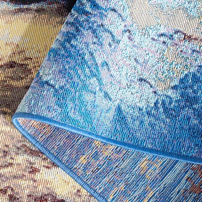 Blue and Rust Abstract Washable Synthetic Runner Rug