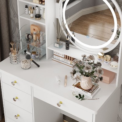 White Wood Makeup Vanity Set with LED Mirror and Stool