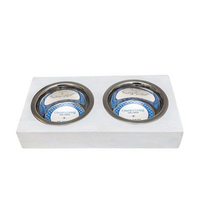 Medium Distressed White Mango Wood Elevated Pet Feeder with Stainless Steel Bowls