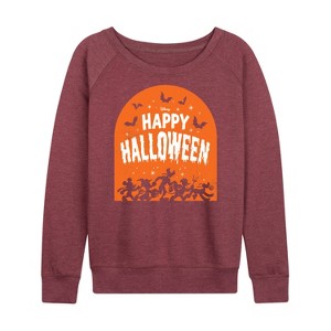 Women's - Disney - Happy Halloween Tombstone Lightweight French Terry Wide Neck Long Sleeve Graphic Shirt - 1 of 4