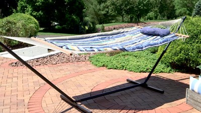 12 ft Red and Brown Striped Rope Hammock with Steel Stand