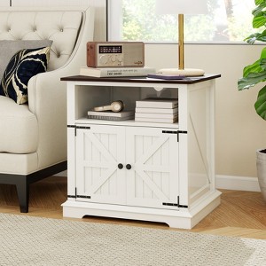 MUUEGM 24" Farmhouse End Table| Wood Rustic Nightstand Bedside Table with Charging Station and Barn Door - 1 of 4
