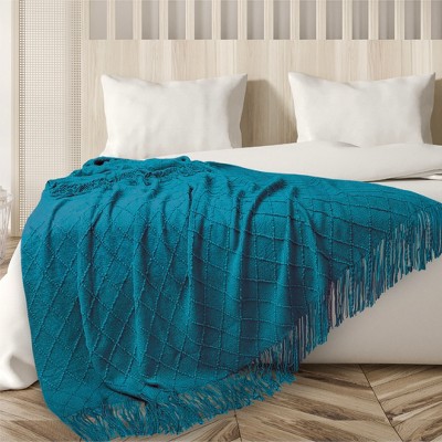 Teal Blue Knitted Fleece Reversible Throw Blanket