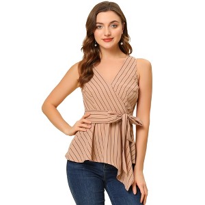 Allegra K Women's Sleeveless V Neck Tie Waist Asymmetric Hem Wrap Peplump Tops - 1 of 4