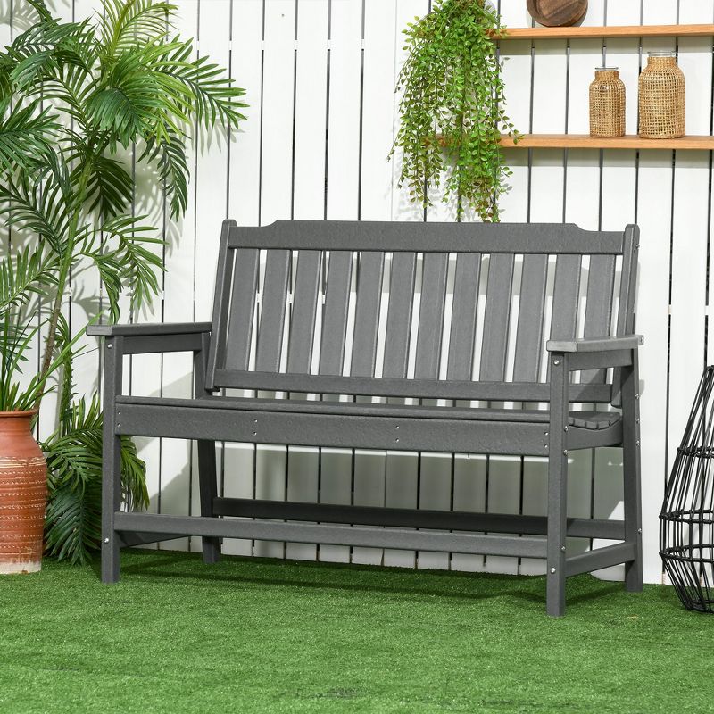 Outsunny Outdoor Bench, 2-Person Park Style Garden Bench with All-Weather HDPE, 704 lbs. Weight Capacity, Slatted Back & Armrests, Dark Gray, 4 of 8