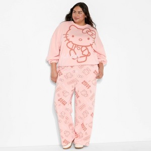 Women's Hello Kitty Wide Leg Fleece Graphic Pants - Pink - 1 of 3
