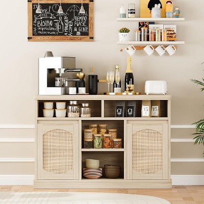 Garvee 2-Door Rattan Decorated Sideboard Buffet Cabinet with Adjustable Shelves Natural Wood Storage Console, Oak