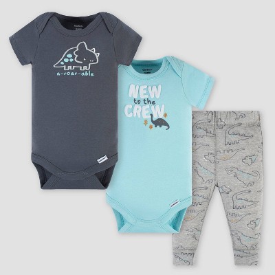 Image of Gerber Baby 3pc Dinos Top and Bottom Set - Aqua Blue/Gray Newborn