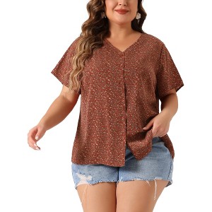 Agnes Orinda Women's Plus Size V-Neck Single Breasted Floral Print Blouses - 1 of 4