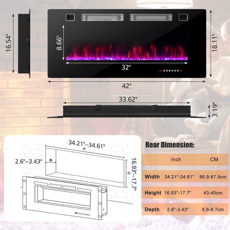Costway 42\50\60\72 Inches Ultra-Thin Electric Fireplace Wall-Mounted & Recessed Fireplace Heater, 4 of 11