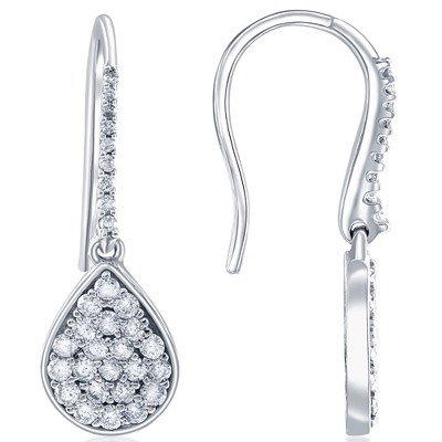 Pompeii3 1 1/8ct Lab Created Diamond Hoops Dangle Pear Shape 18K White Gold 1 1/4" Tall