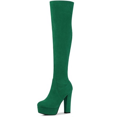 Perphy Women's Platform Chunky Heel Round Toe Over the Knee Thigh High Boot  Green 7.5