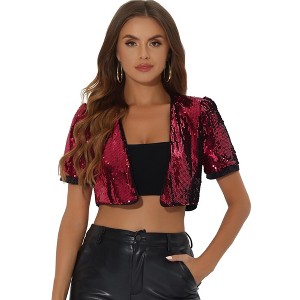 INSPIRE CHIC Women's Puff Short Sleeve Open Front Party Crop Sequin Shrugs - 1 of 4