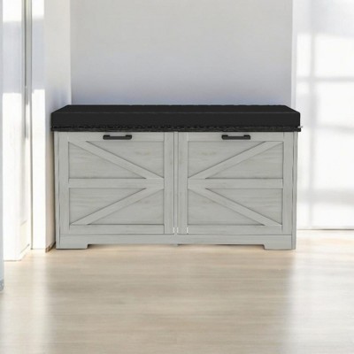 Alilang 39.37 inch Farmhouse Storage Bench with Cushion and Wall-Mounted Coat Rack-Antique White