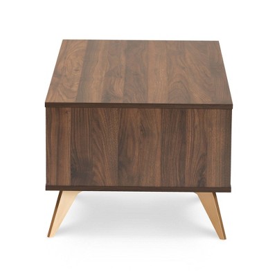 Walnut Brown and Gold Mid-Century Modern Coffee Table with Storage