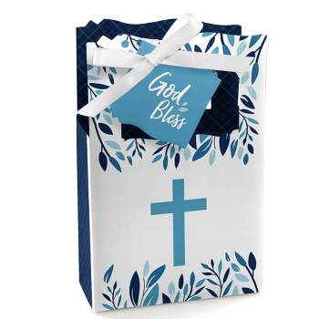 Big Dot of Happiness Blue Elegant Cross - Boy Religious Party Favor Boxes - Set of 12