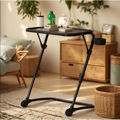 FurnitureR Adjustable Folding TV Tray with 4 Height & 3 Tilt Angle, Foldable Dinner Trays Laptop Snack Table with Cup Holder Sofa, 1PC. Black