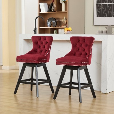 DSVIMOY Counter and Bar Stool Set of 2 Swivel Velvet Barstools with Button Tufted and Wooden Legs for Kitchen, Red, 25.5"*18.1"*18.9"