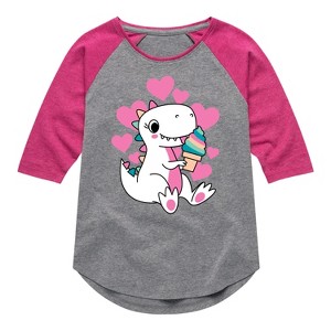Girls' - Instant Message - Ice Cream Dinosaur Shirt Tail Raglan Graphic T-shirt - 1 of 4
