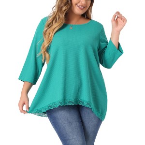 Agnes Orinda Women's Plus Size Waffle 3/4 Sleeve Lace Panel High Low Hem Round Neck Blouses - 1 of 4