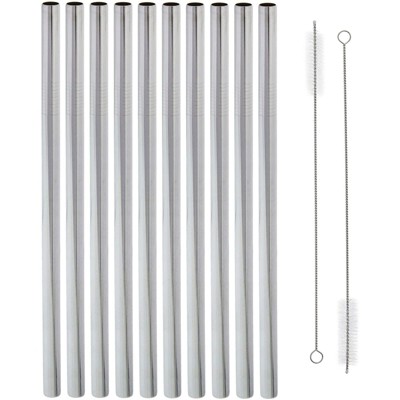 Okuna Outpost 12 Pieces 10 Extra Wide Boba Straws with 2 Cleaning Brushes, Reusable Metal