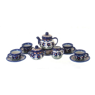 Blue Rose Polish Pottery Aztec Flower Miniature Tea Set