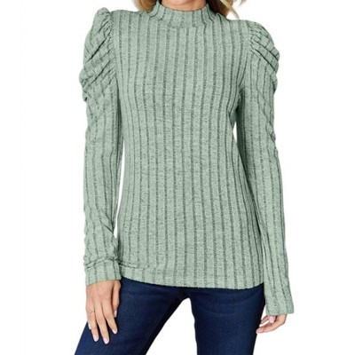 Women's Ribbed Mock Neck Top With Puff Sleeves - Basic Bae