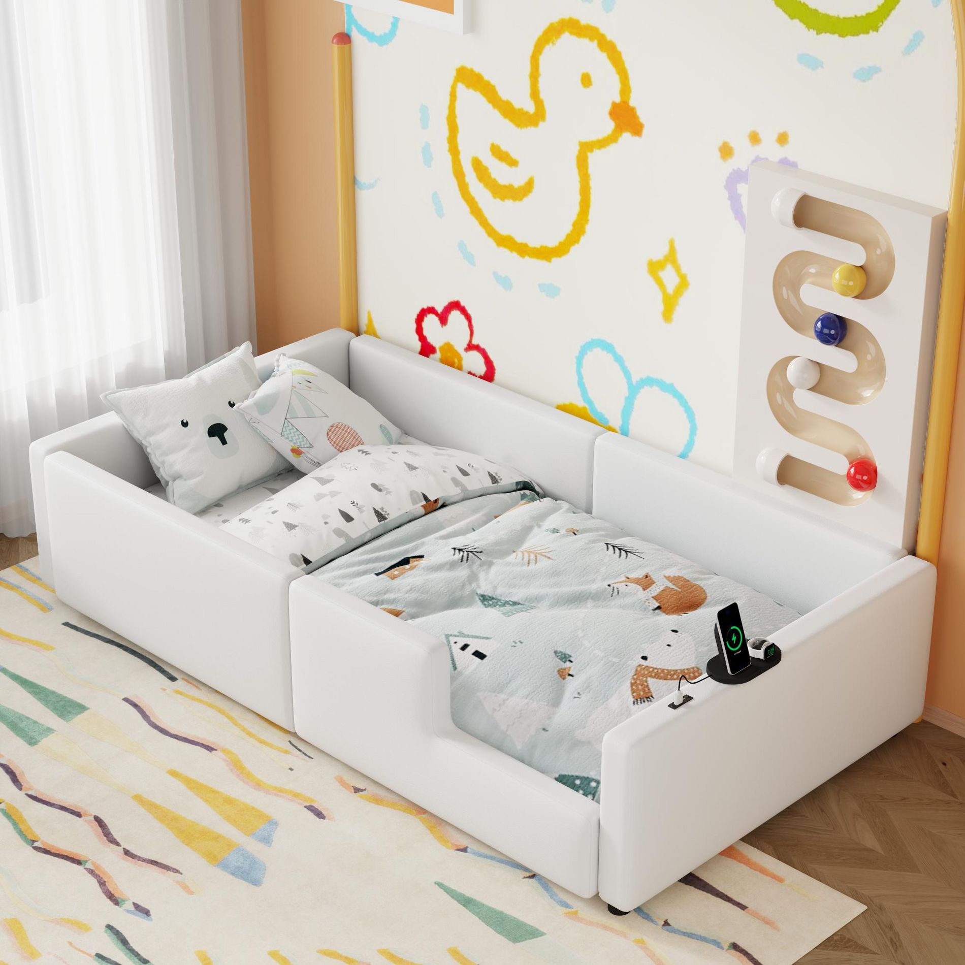 GDFStudio Chloe Twin Size Upholstered Faux Leather Montessori Floor Bed with Safety Rail and Charging Station, White