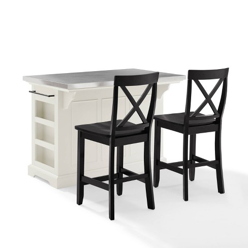 Julia Stainless Steel Top Island with 2 Black X Back Stools White Crosley