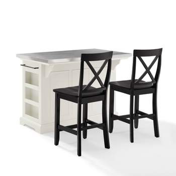 Julia Stainless Steel Top Island with 2 Black X-Back Stools White - Crosley