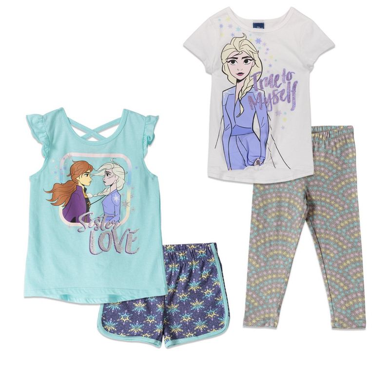 Disney Frozen Princess Anna Elsa Girls Graphic T-Shirt Leggings and Shorts 3 Piece Outfit Set Little Kid to Big Kid, 1 of 9